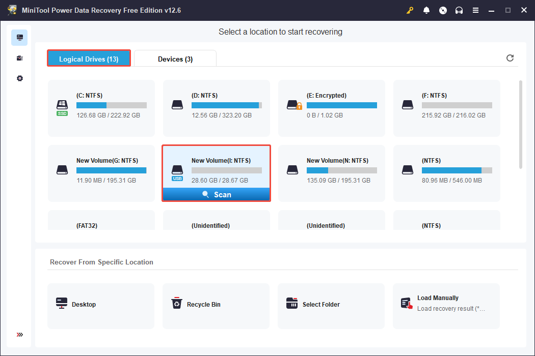 the main interface for MiniTool Power Data Recovery to scan the target partition