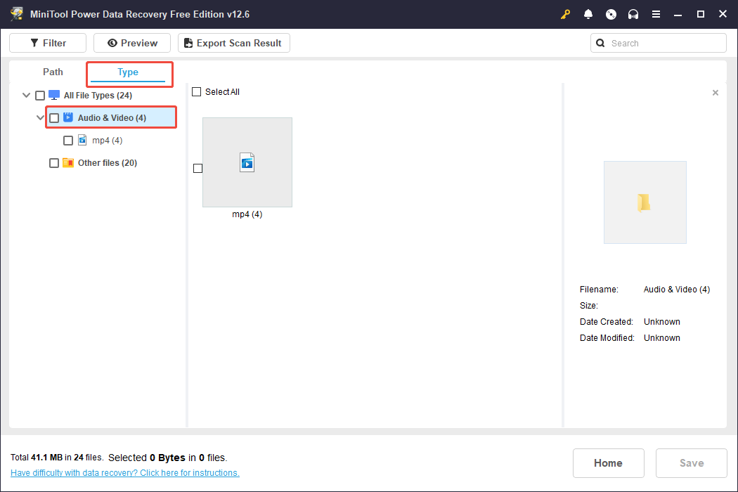 locate the video type in MiniTool Power Data Recovery