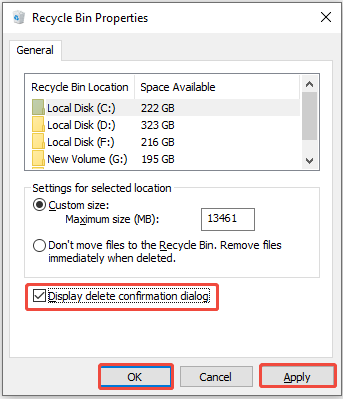 the Recycle Bin Properties interface