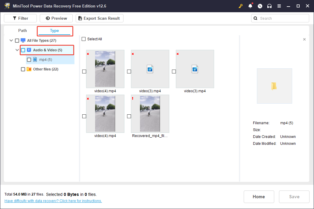 the Audio & Video category of MiniTool Power Data Recovery
