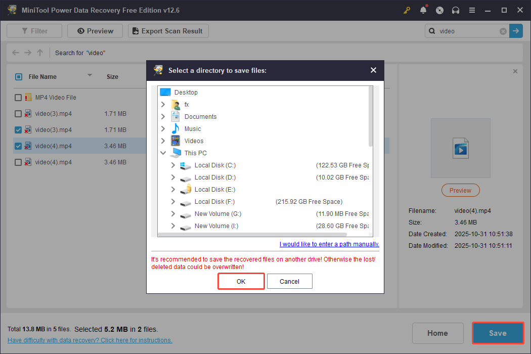 the save interface of MiniTool Power Data Recovery
