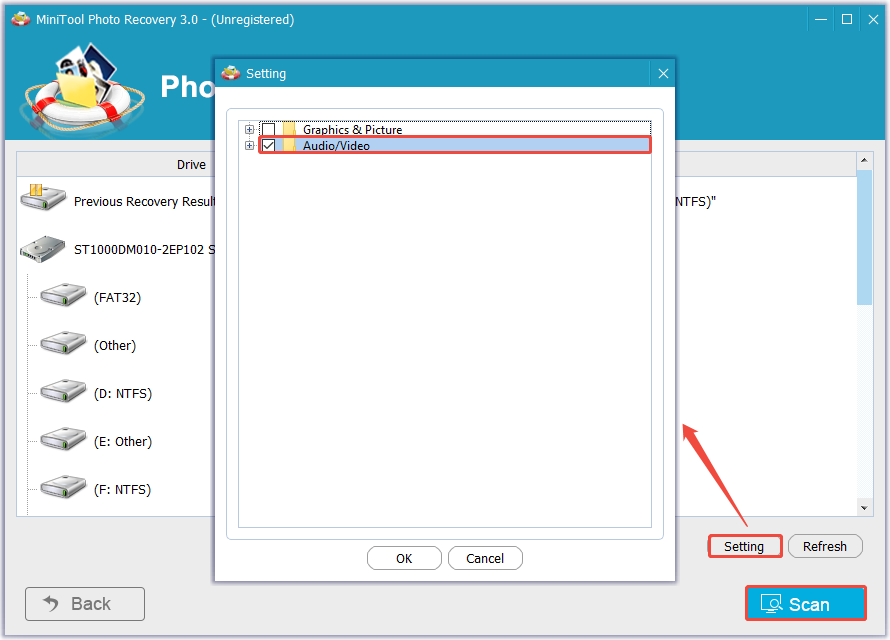 the Setting interface of MiniTool Photo Recovery