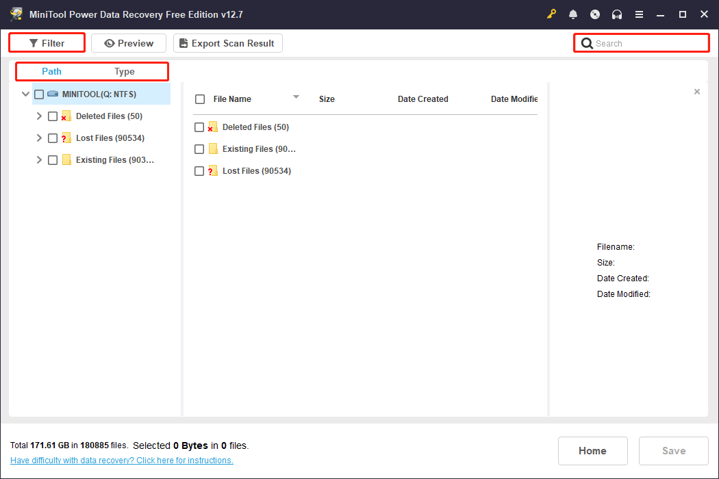 The scan results page of MiniTool Power Data Recovery showing Path, Type, Filter, and Search to find the target files.