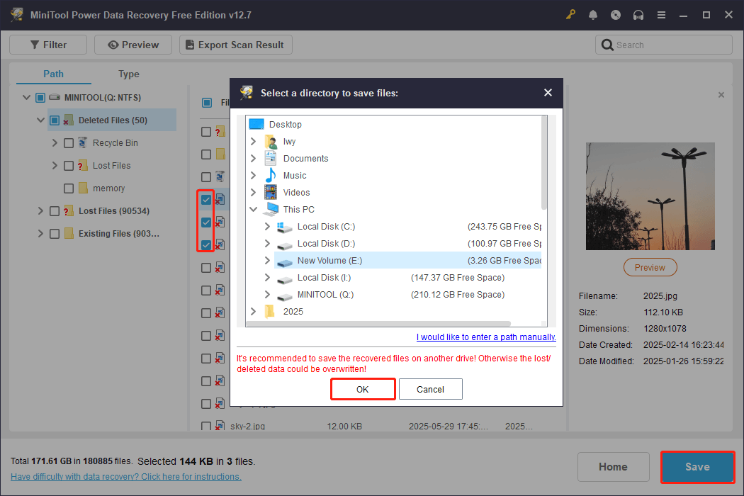 MiniTool Power Data Recovery interface with the files and the Save button selected, showing storage paths to recover files.