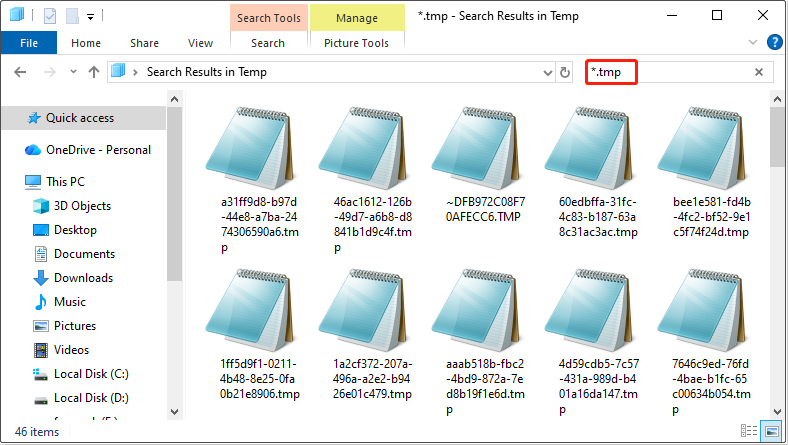 type *.tmp in the search box
