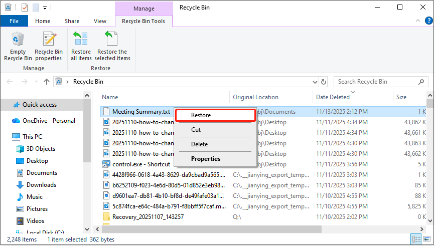 select the Notepad file and click Restore