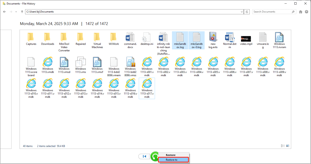 select the files and click Restore to
