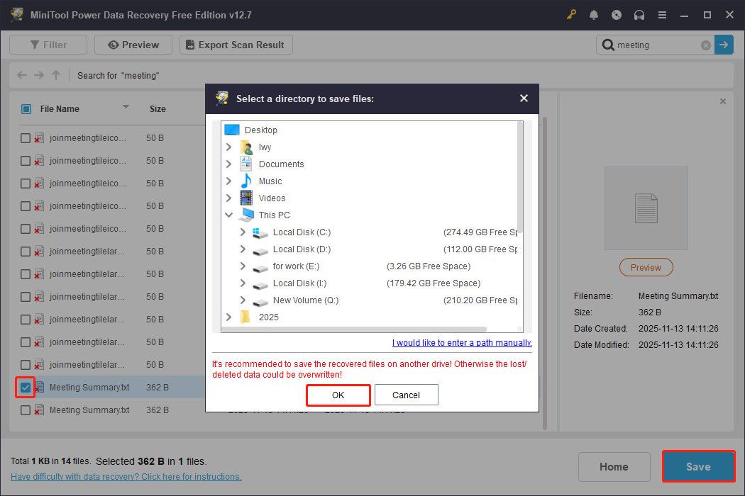 check the files, click Save, choose a path, and click OK in MiniTool Power Data Recovery