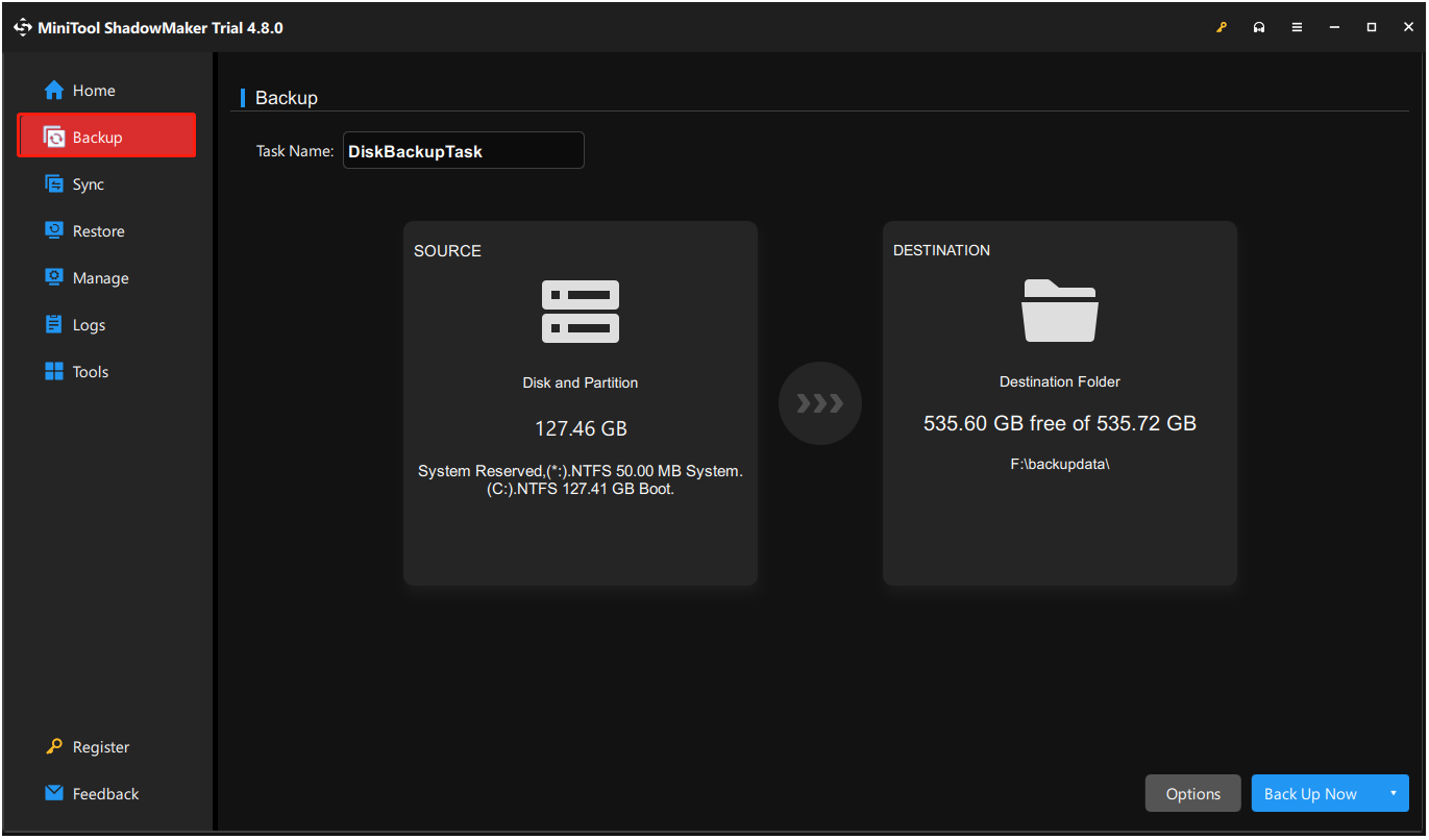 select Backup from the left panel of MiniTool ShadowMaker