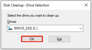 select the system drive and click OK in the Disk Cleanup: Drive Selection window
