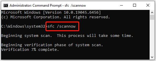run SFC command in the elevated Command Prompt window
