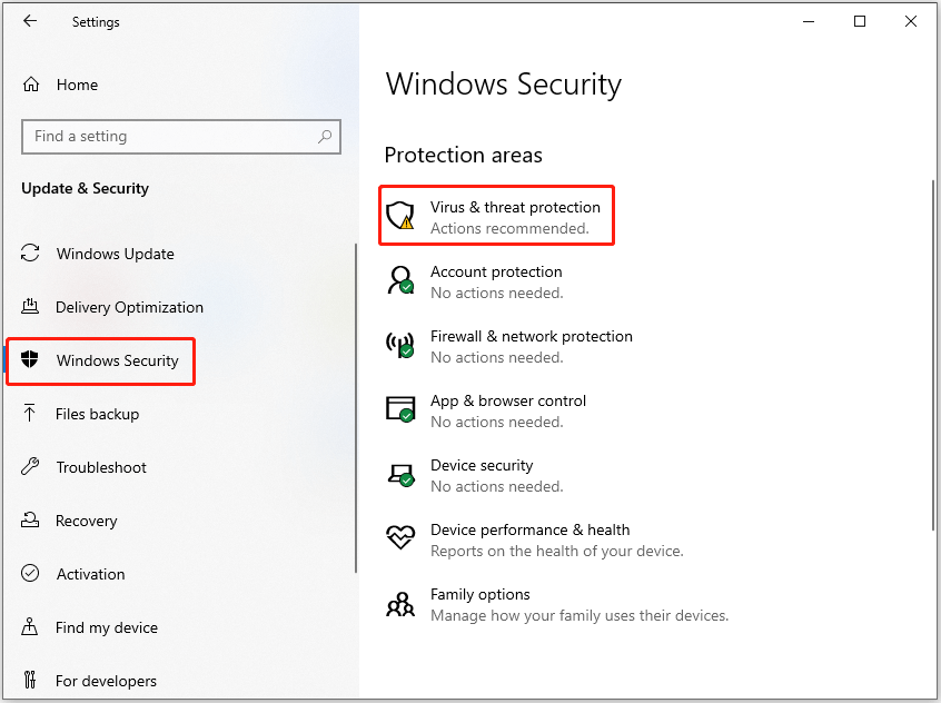 select Virus & threat protection in the Windows Security page
