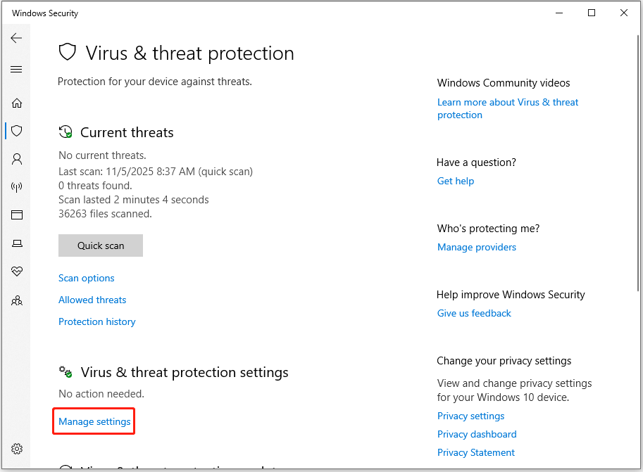 click Manage settings under Virus & threat protection settings