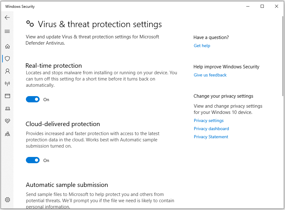 turn off all Virus & threat protection settings in Windows Security