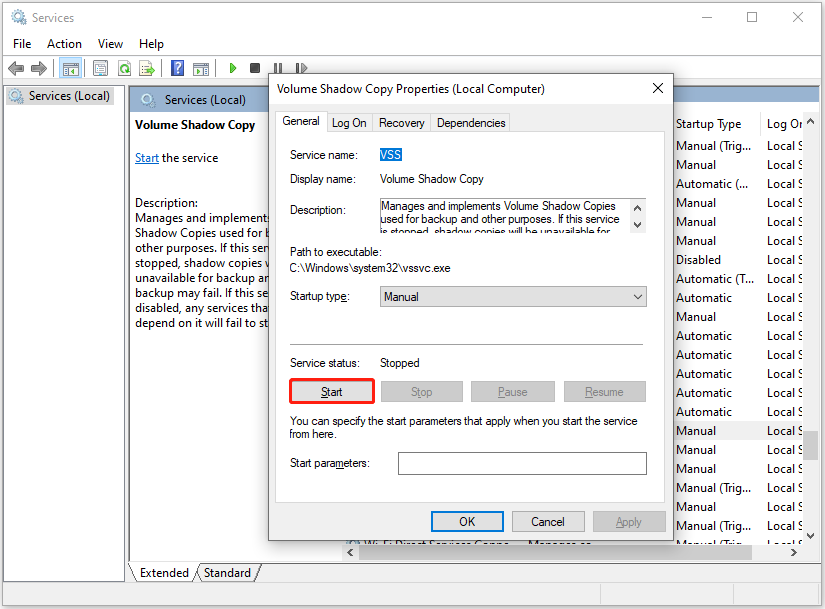 enable Volume Shadow Copy service in the Services window