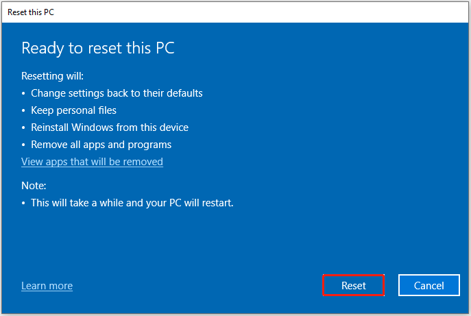 click Reset to start resetting this PC