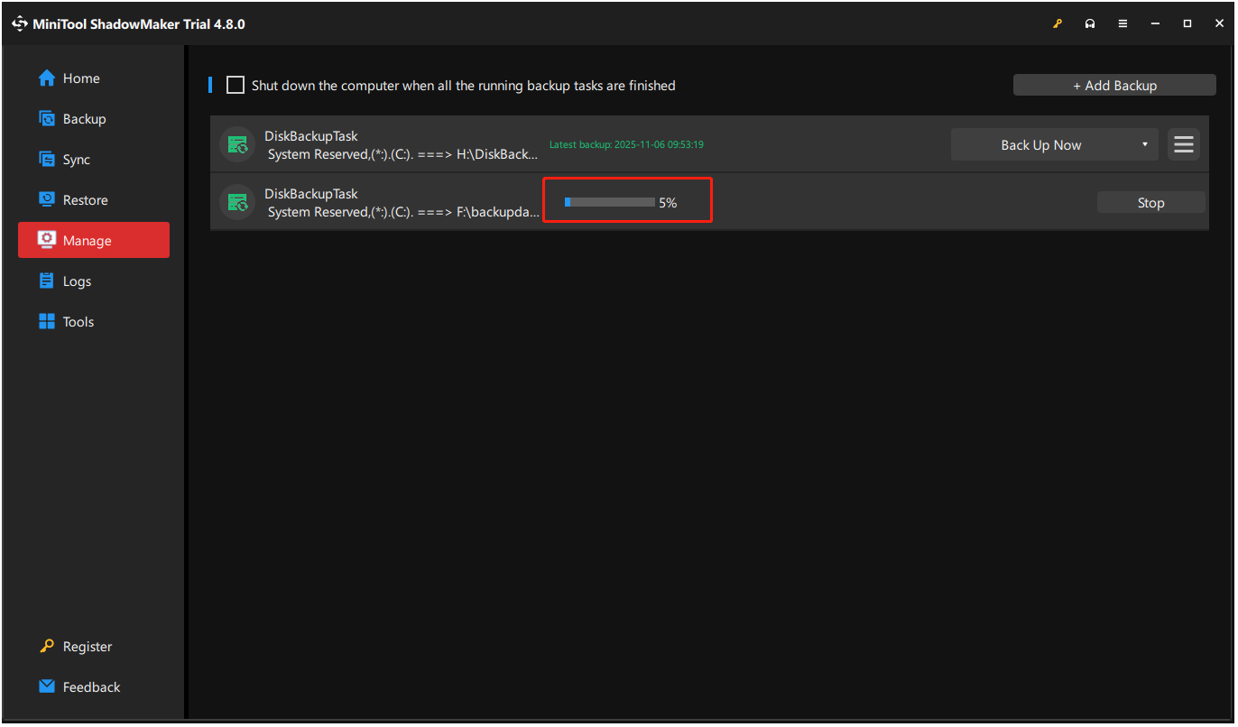 wait for the backup process to complete in MiniTool ShadowMaker