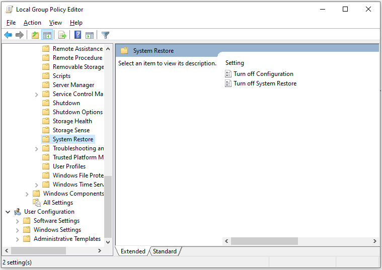 navigate to find System Restore in Local Group Policy Editor