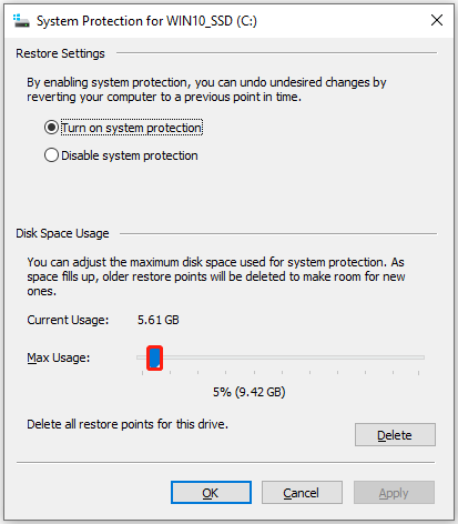 use the slider to adjust max disk usage for System Protection