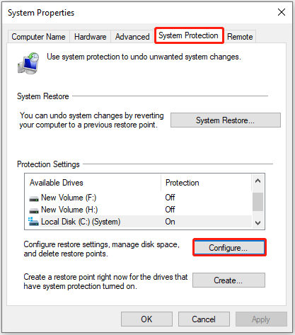 click Configure in the System Protection tab of System Properties