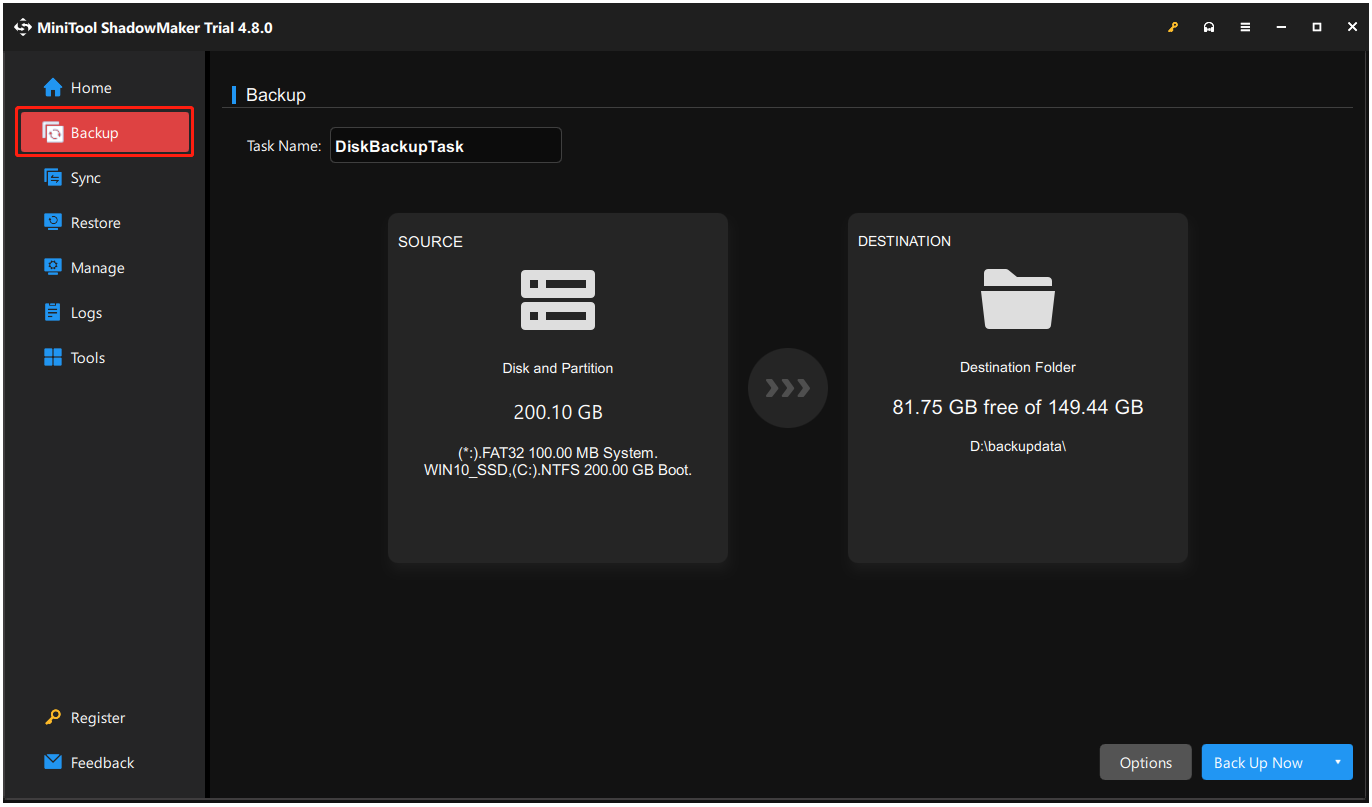 select Backup in MiniTool ShadowMaker
