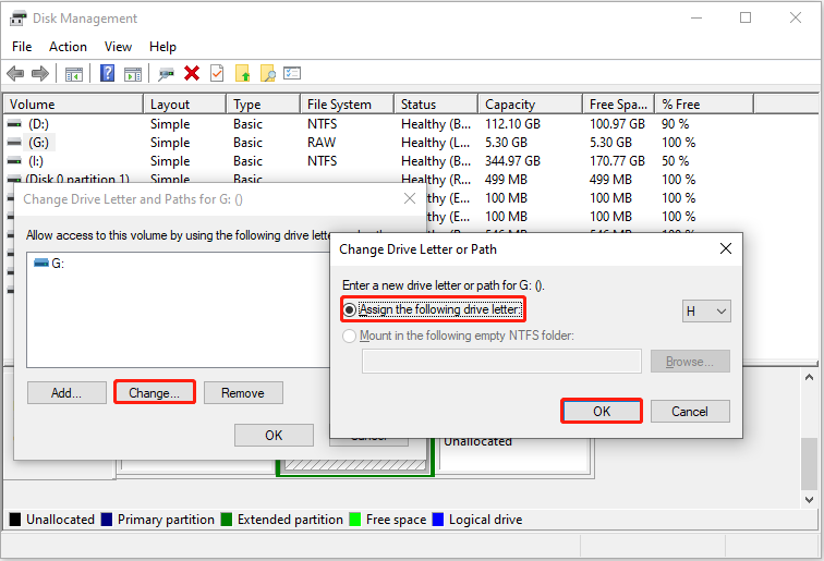 Interface of the Change Drive Letter or Path dialog that shows how to assign a new drive letter.