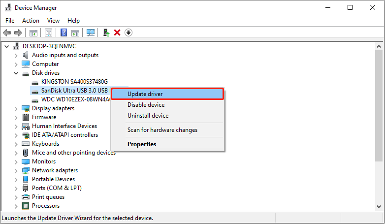 Update driver being chosen in the Device Manager window.