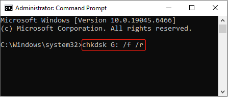 The screenshot of Command Prompt that shows how to run CHKDSK.