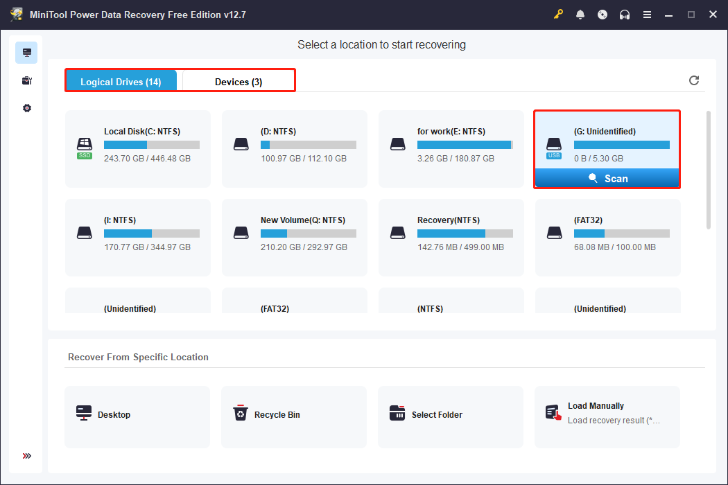 MiniTool Power Data Recovery interface showing a list of drives with the Scan option highlighted under the Logical Drives tab.