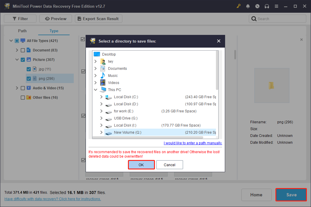 MiniTool Power Data Recovery interface with the Save and OK buttons selected to save recovered files.