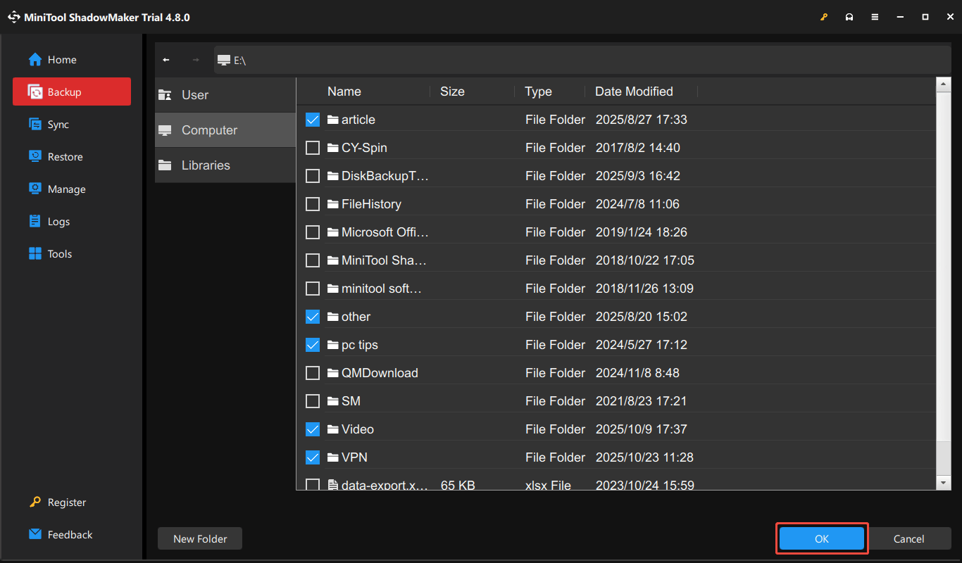 select files to back up in MiniTool ShadowMaker