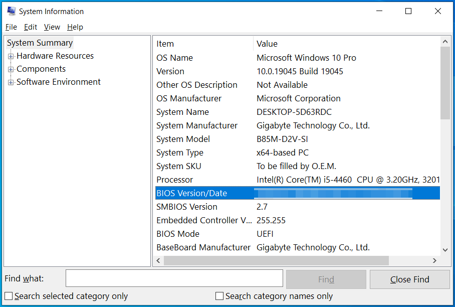 check BIOS version in System Information