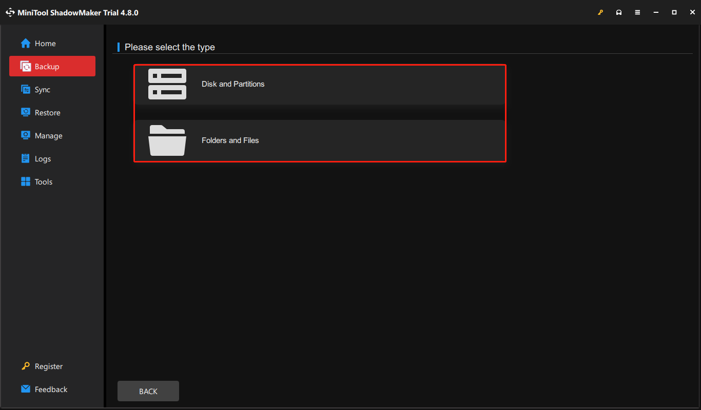 the backup source selection screen in MiniTool ShadowMaker