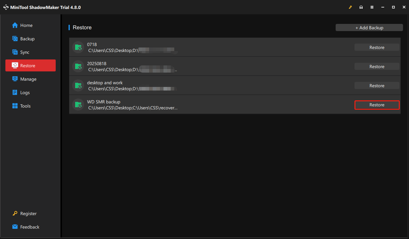 the Restore interface of MiniTool ShadowMaker