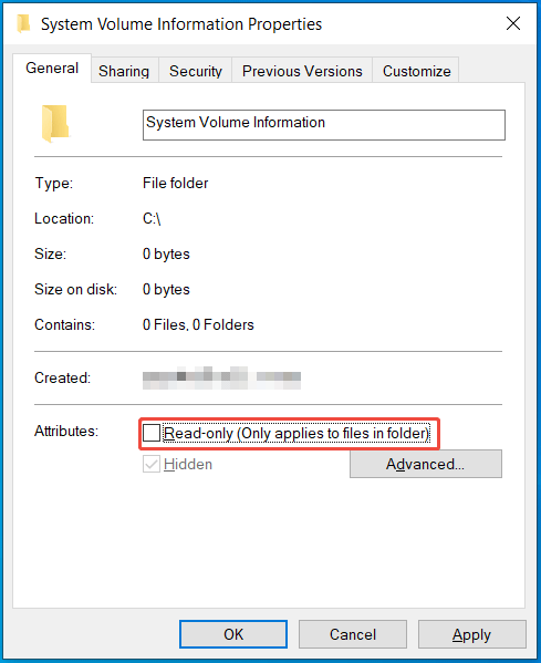 System Volume Information properties window with unticked Read-only attribute.