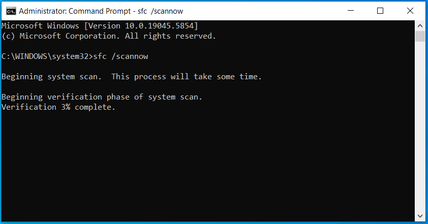 Screenshot showing SFC scan in the Command Prompt window.
