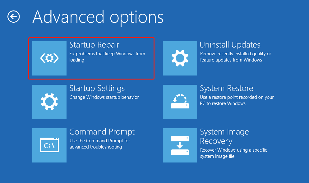 select Startup Repair in the Advanced options page