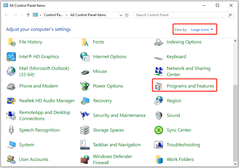 select Programs and Features in Control Panel