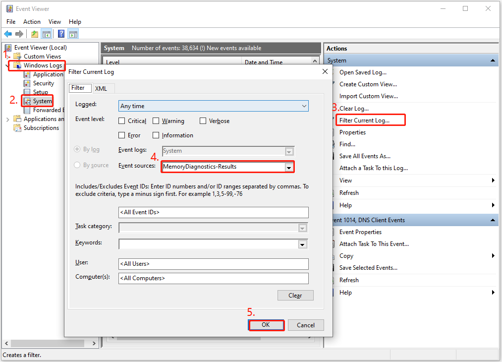 filter the memory test results in Event Viewer