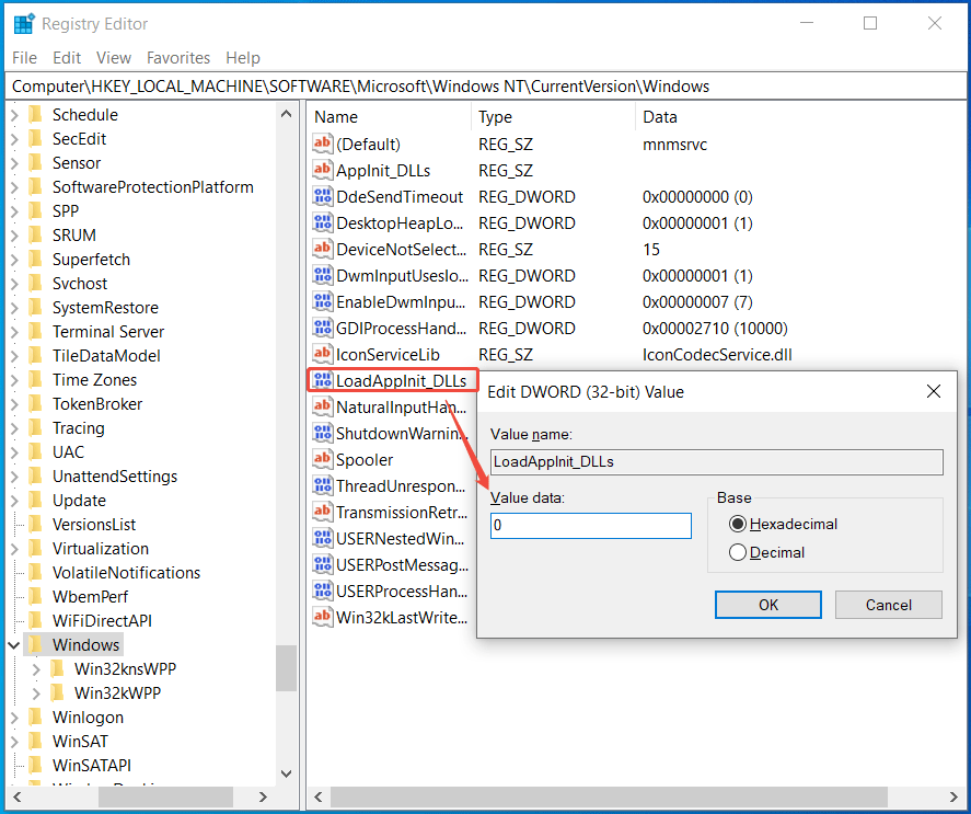 set LoadAppInit_DLLs to 0