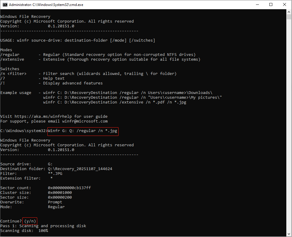 type Winfr G: Q: /regular /n *.jpg in the Windows File Recovery window