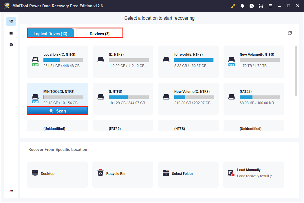 click Scan in the main interface of MiniTool Power Data Recovery
