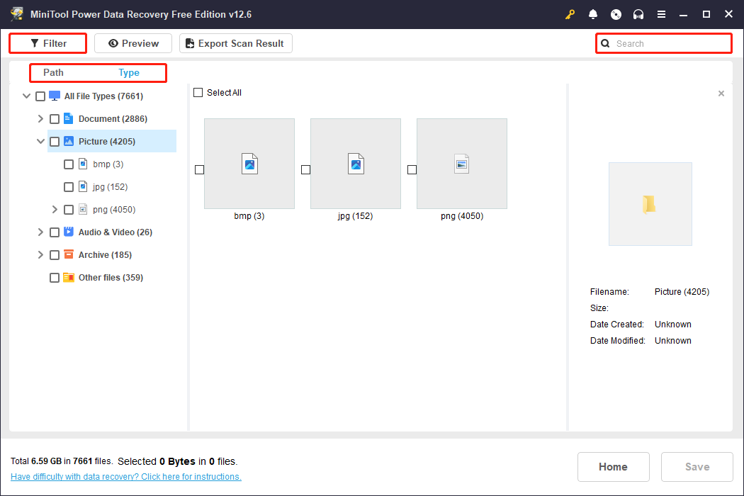 use Path, Type, Filter, Search to find the target files in MiniTool Power Data Recovery