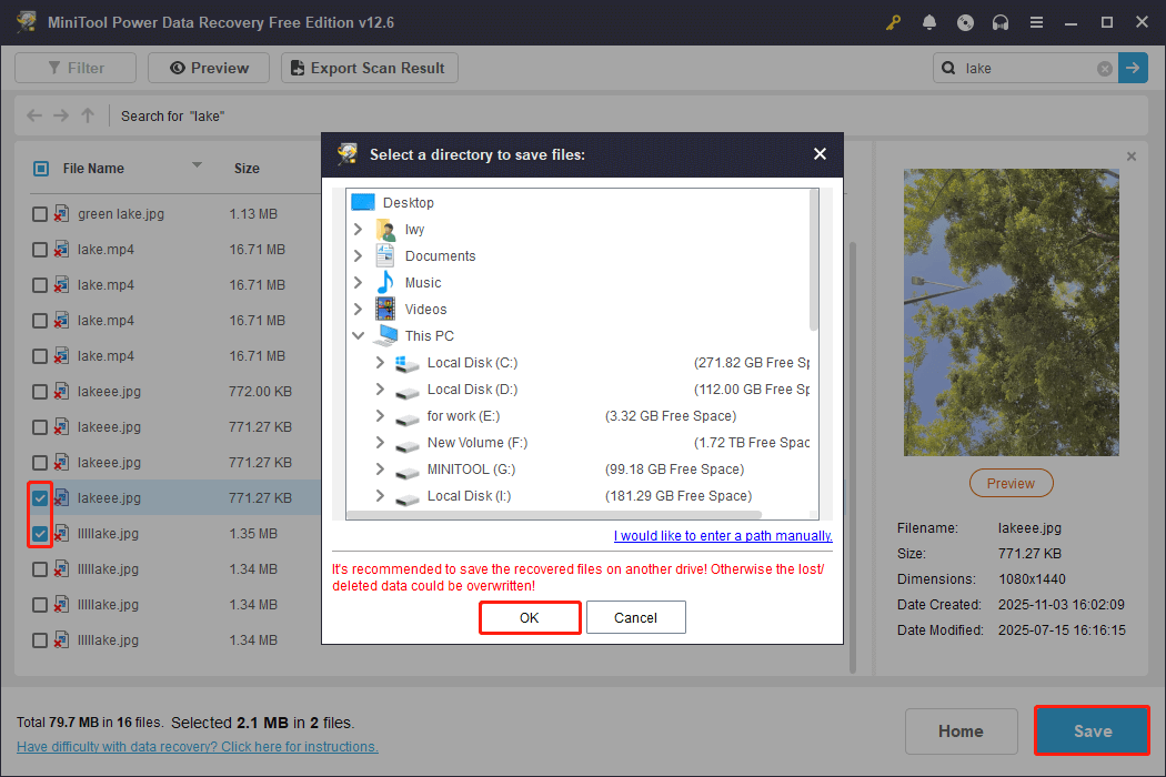 tick the files, click Save, choose a path, and click OK in MiniTool Power Data Recovery