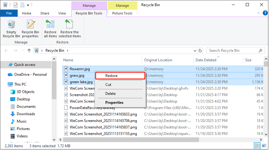 The screenshot shows the Restore tab selected in the Recycle Bin window.