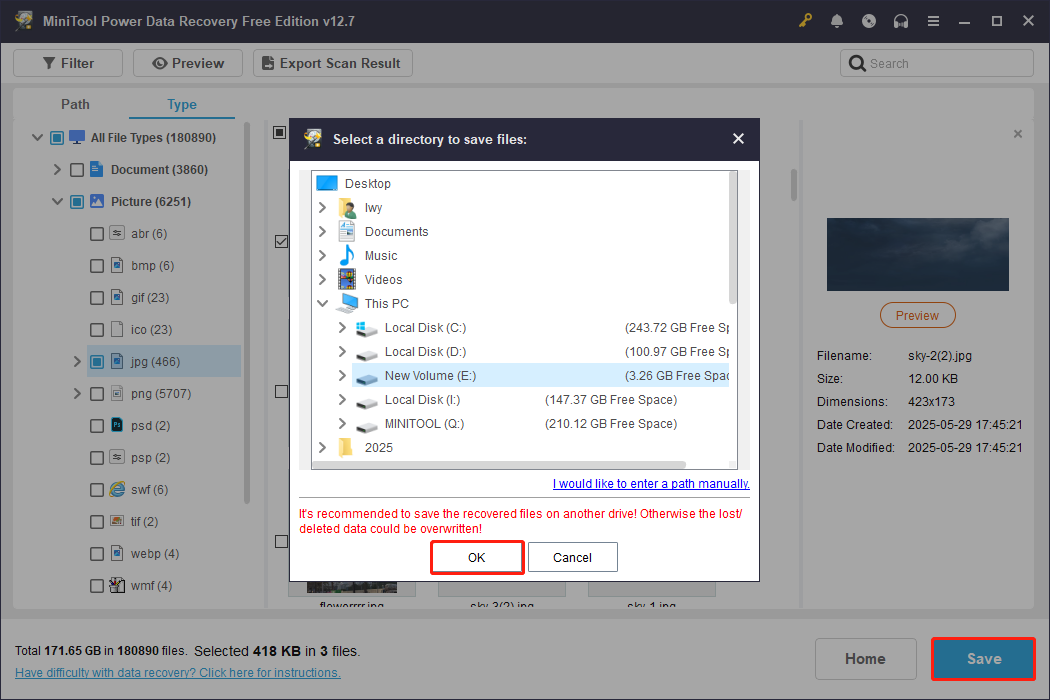 MiniTool Power Data Recovery interface with Save selected, showing a dialog listing multiple file paths to store files.