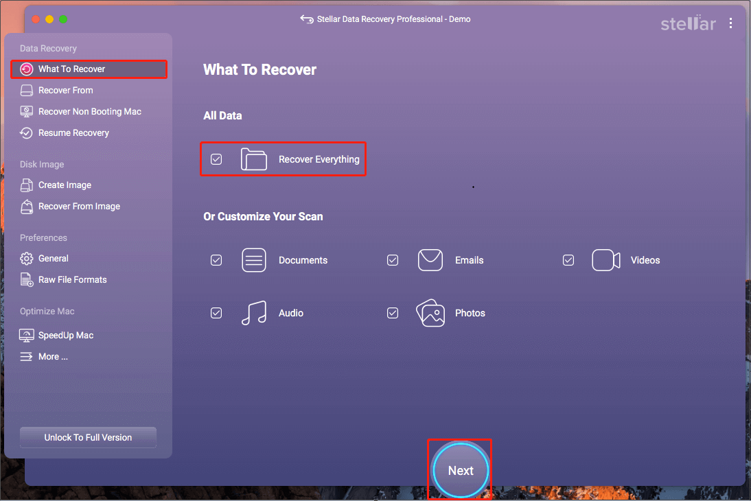 Stellar Data Recovery for Mac interface with Recover Everything and Next options selected on the What To Recover screen.