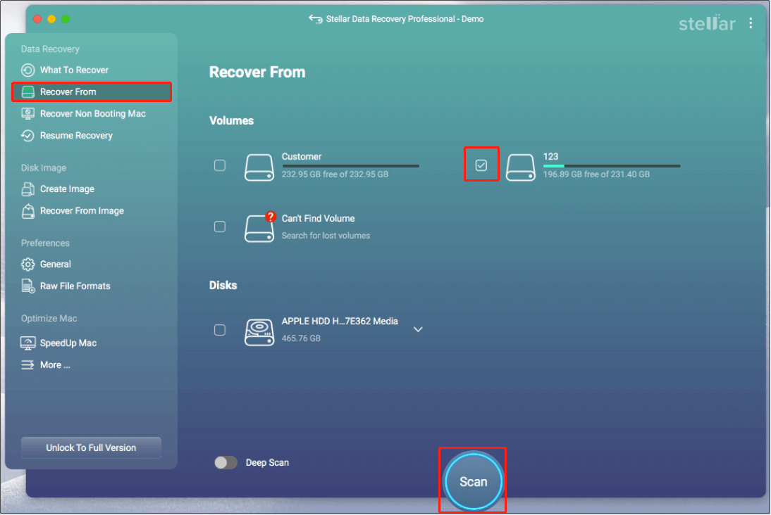 The Recover From interface of Stellar Data Recovery for Mac with the target volume and the Scan button selected.