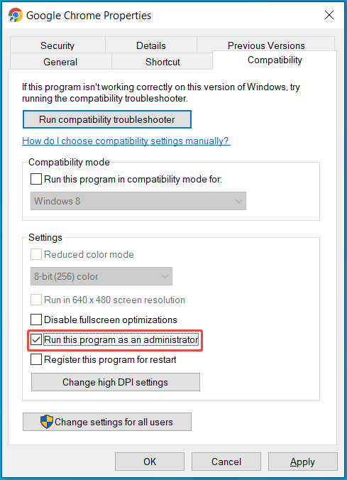 App Properties window with checked Run this program as an administrator in Compatibility.