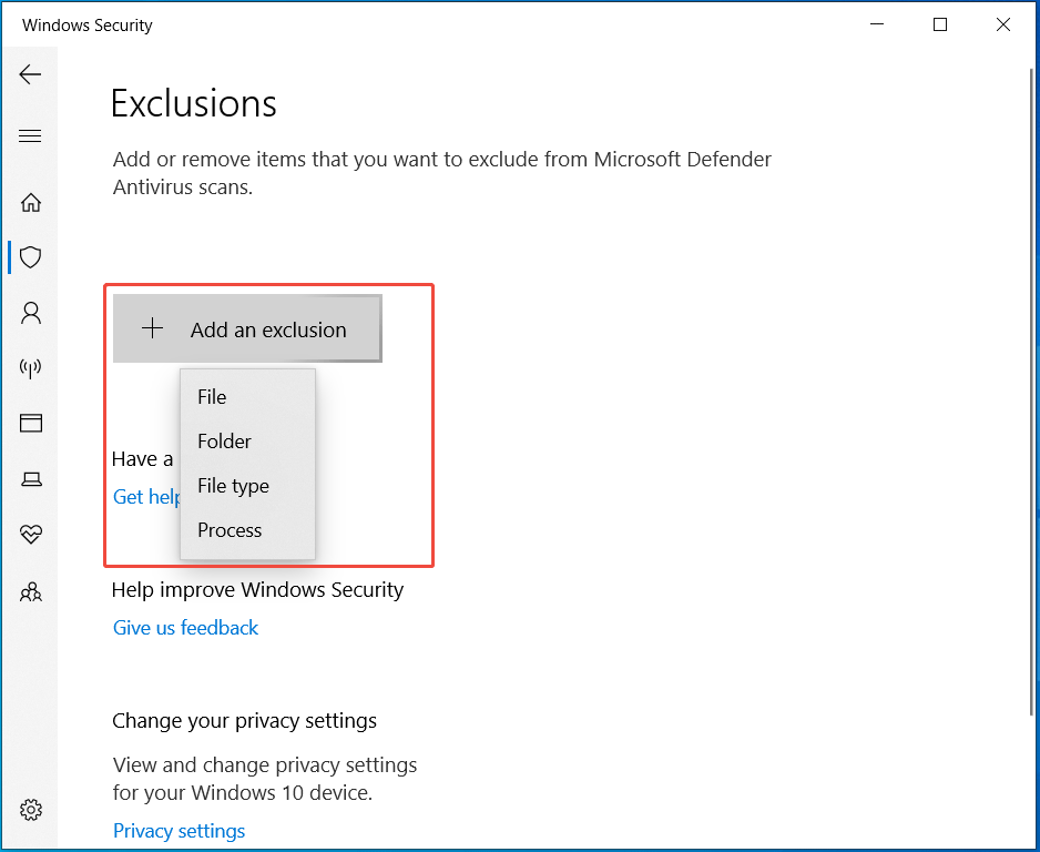 Windows Security window with Add an exclusion button.